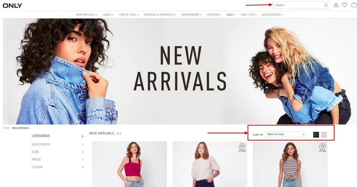 product search and filtering option example on ONLY product search and filtering option example on ONLY