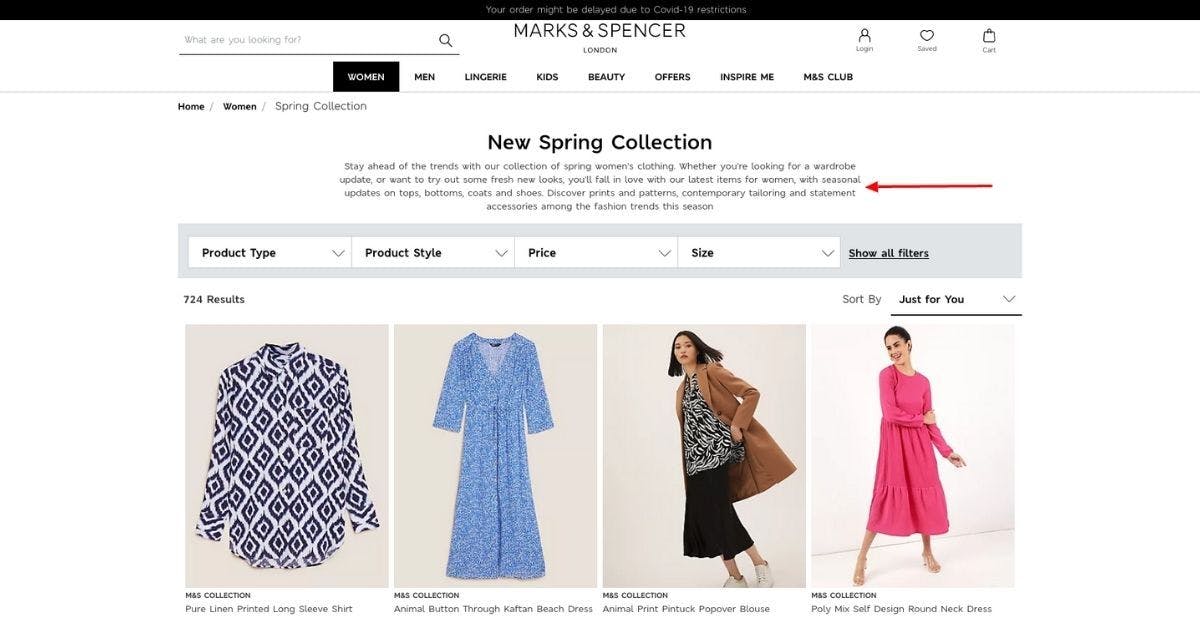 spring collection product category page example by Marks and Spencer