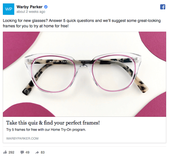 Facebook ad quiz example by warby parker