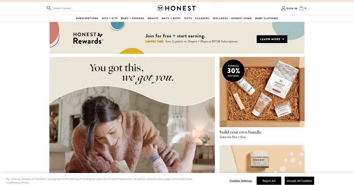 Landing page of  Honest Company