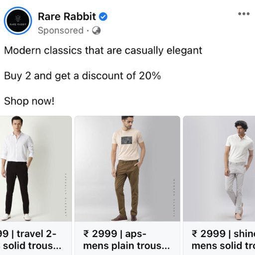 Facebook ad for clothing brand Rare Rabbit